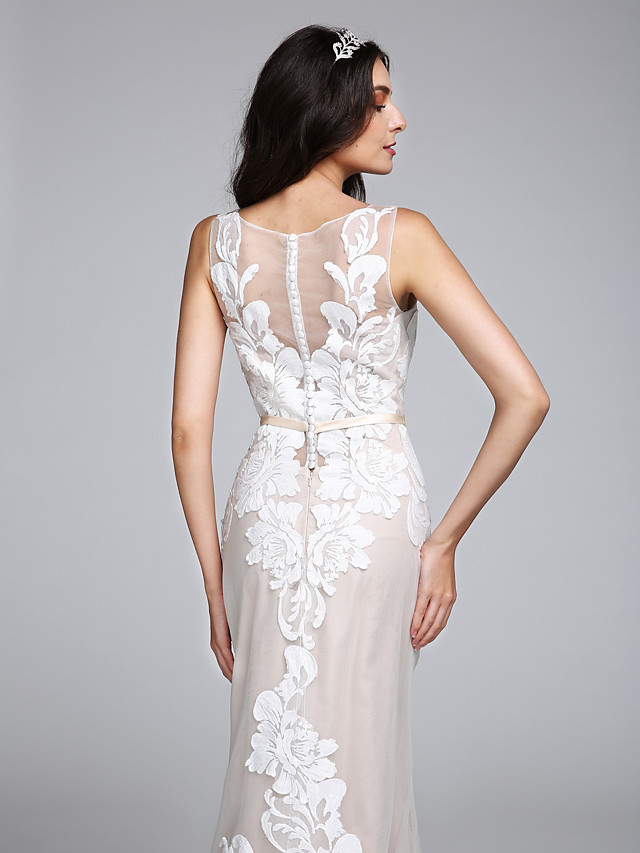 Mermaid Straps Bateau Neck Sweep / Brush Train Tulle Wedding Gown With Buttons 7