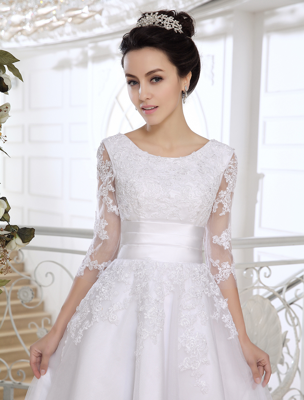 A-line Half-Sleeves Mini Lace Bridal Gown With Lace 5
