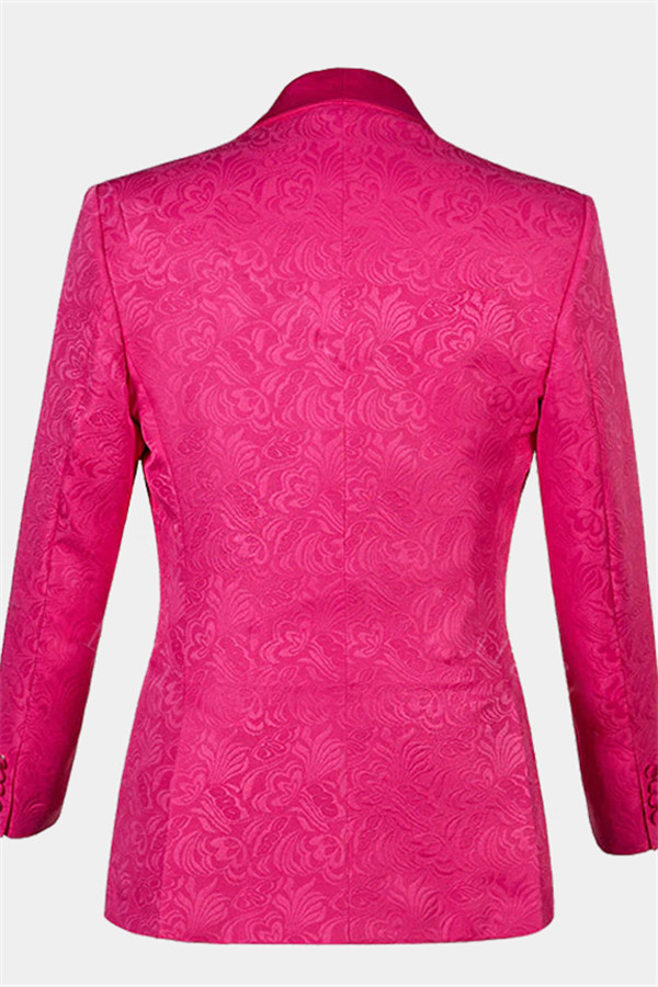 Floral Pink Slim Fit Jacquard Suit with One Button 2