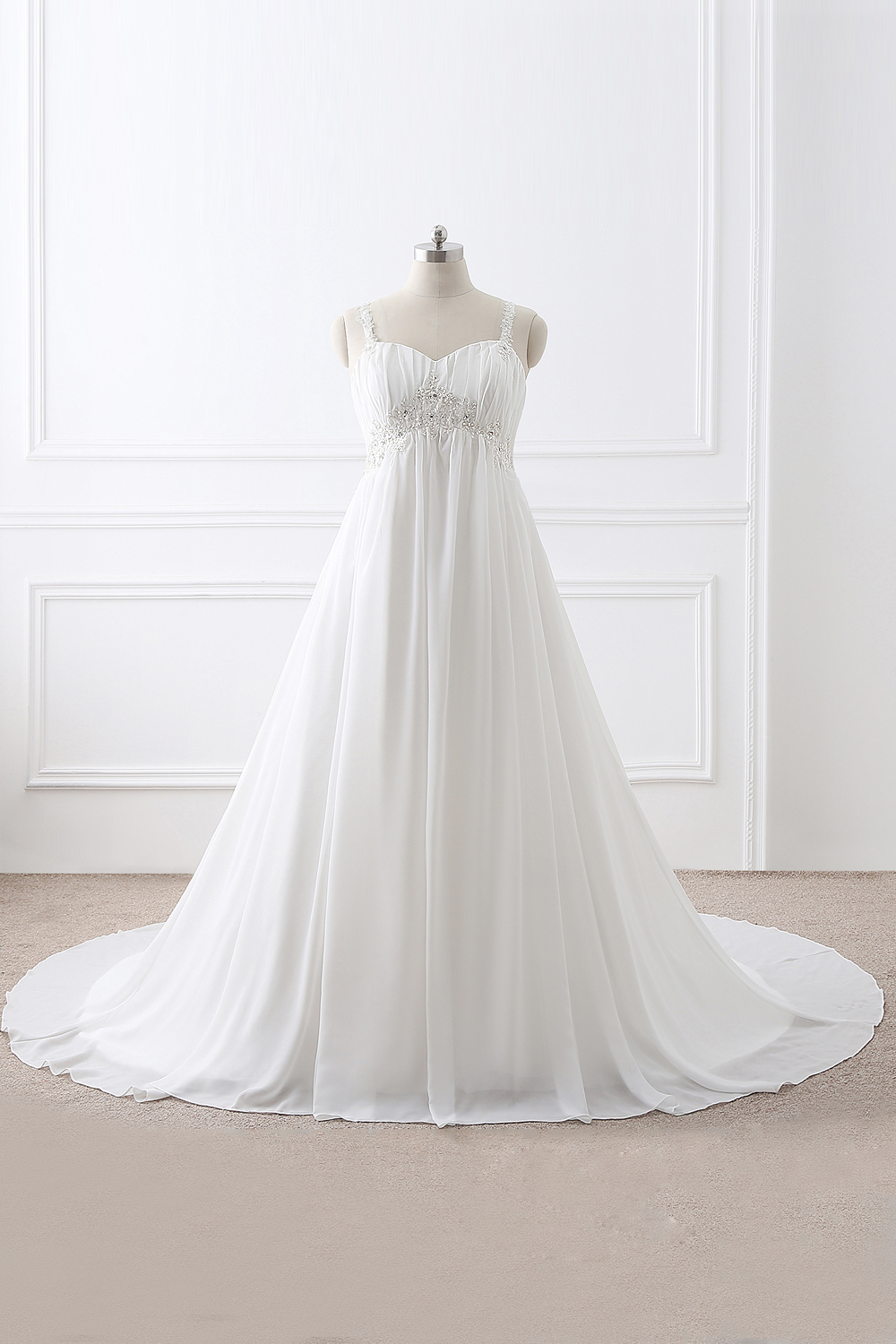 A-line Straps Sleeveless Court Train 30D Chiffon Bridal Gown With Appliques 1