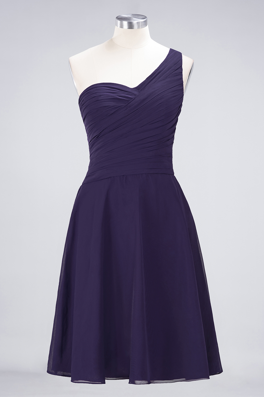 A-line One Shoulder Sweetheart Neck Sleeveless Knee-length 100D Chiffon Bridesmaid Attire With Ruffles 37