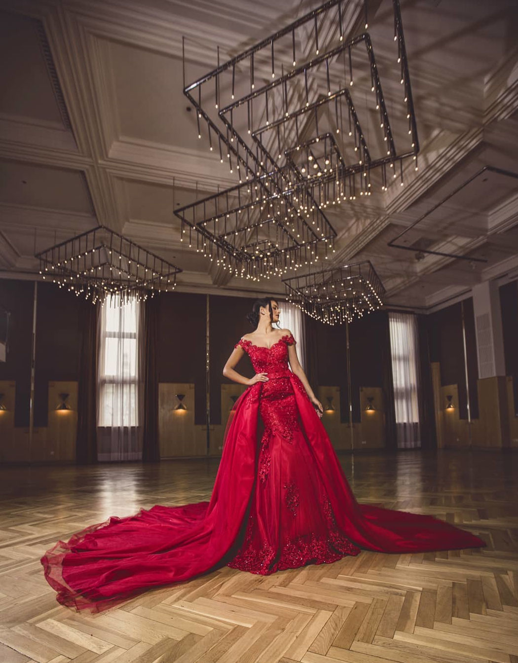 Dramatic Red Off-the-Shoulder Mermaid Gown with Detachable Tulle Overskirt 5