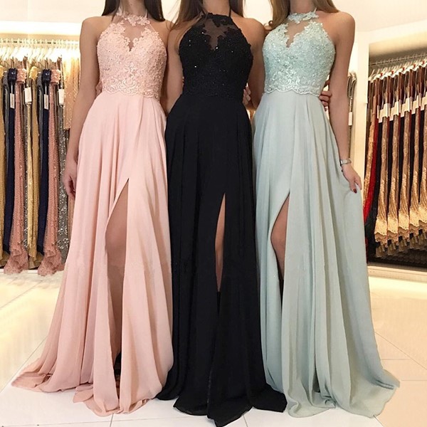 A-line Halter-neck Sleeveless Floor-length 100D Chiffon Evening Dress With Lace 2