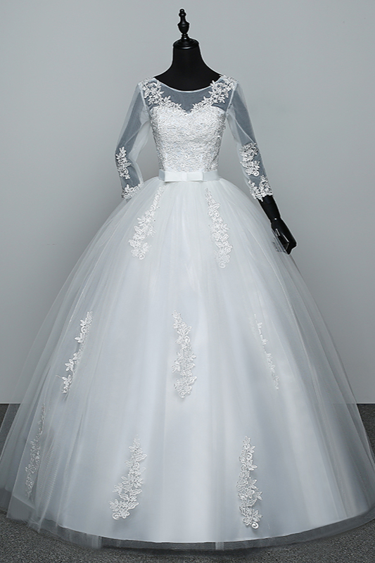 Jewel Neck 3/4-Length Sleeves Floor-length Tulle Bridal Gown With Appliques 1
