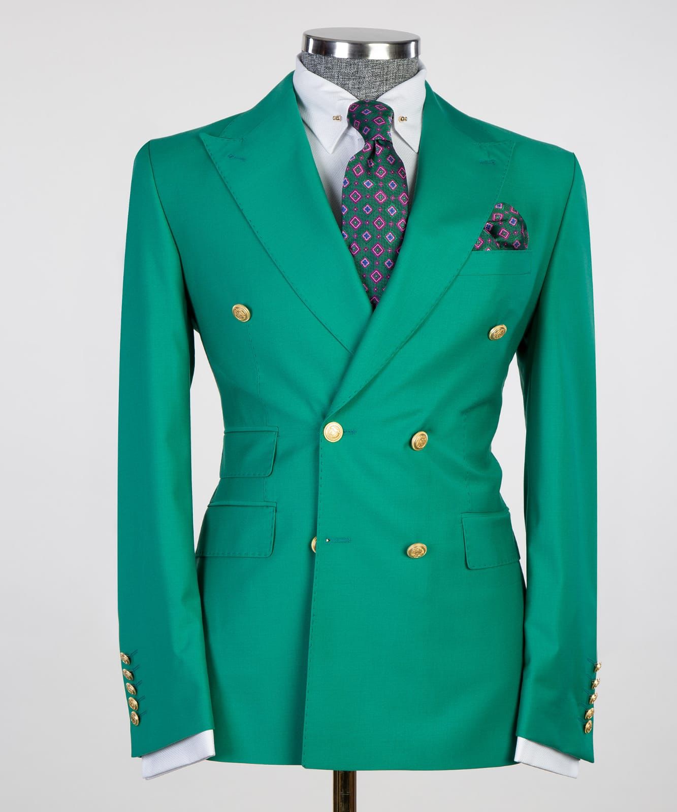 Green Double Breasted Prom Suit with Peaked Lapel 4