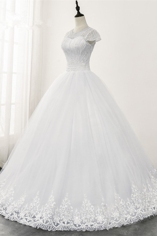 Ball Gown Jewel Neck Short Sleeves Floor-length Tulle Bridal Attire With Lace 3