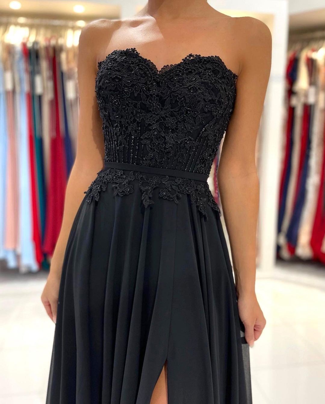 A-line Strapless Sleeveless Floor-length 100D Chiffon Formal Wear With Lace 6