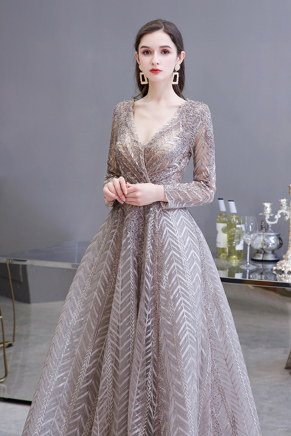 A-line V-neck Long Sleeves Sweep / Brush Train Lace Evening Dress With Pearls 5