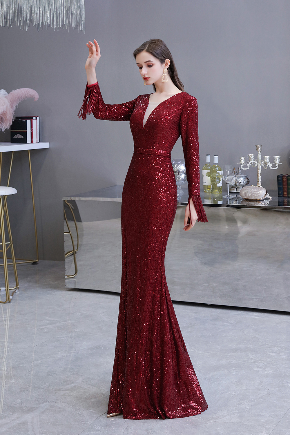 Mermaid V-neck Long Sleeves Sweep / Brush Train Tulle Formal Dress With Sequins 20