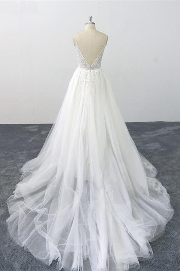 A-line Spaghetti Straps V-neck Sleeveless Floor-length Tulle Wedding Dress With Appliques 2