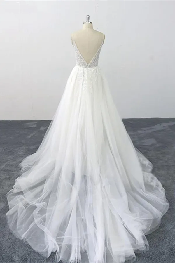 A-line Spaghetti Straps V-neck Sleeveless Floor-length Tulle Wedding Dress With Appliques 2