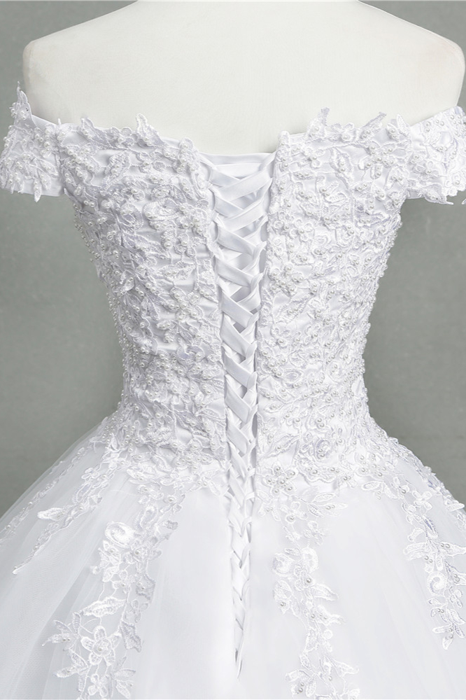 A-line Short Sleeves Floor-length Tulle Wedding Dress With Appliques 4