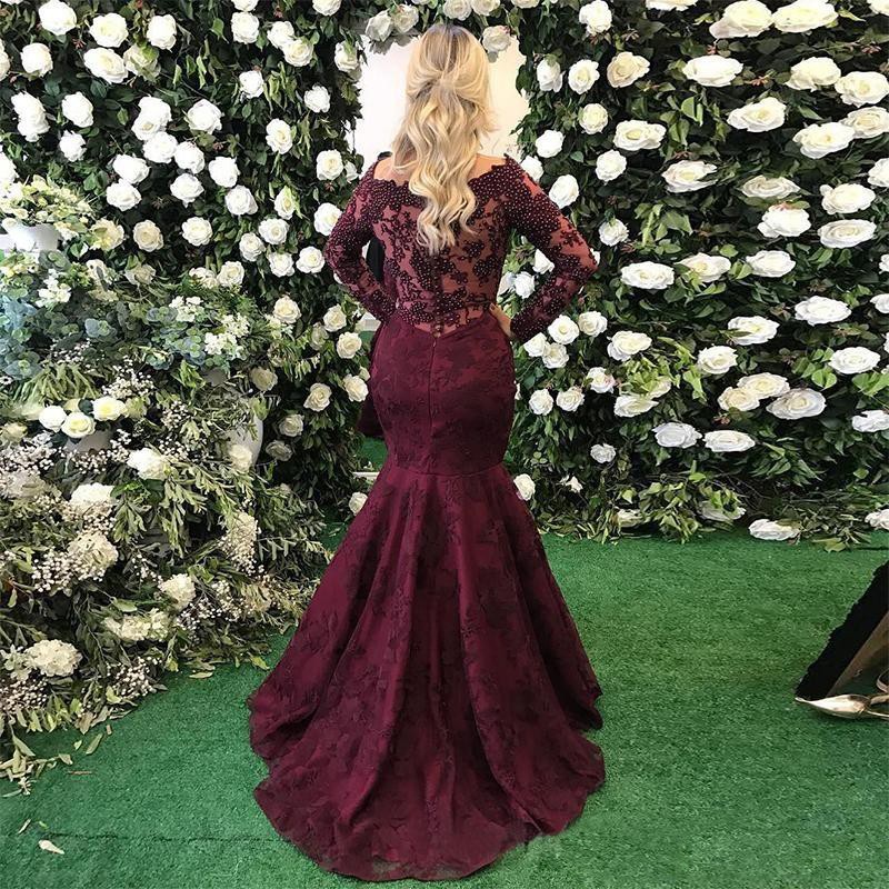 Burgundy Mermaid Evening Dress with Long Sleeves and Lace Appliques -  and 2