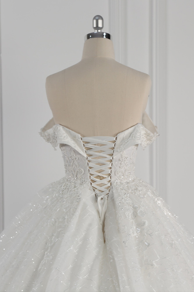 Ball Gown Off-the-shoulder Sweetheart Neck Sleeveless Floor-length Tulle Bridal Gown With Ruffles 6