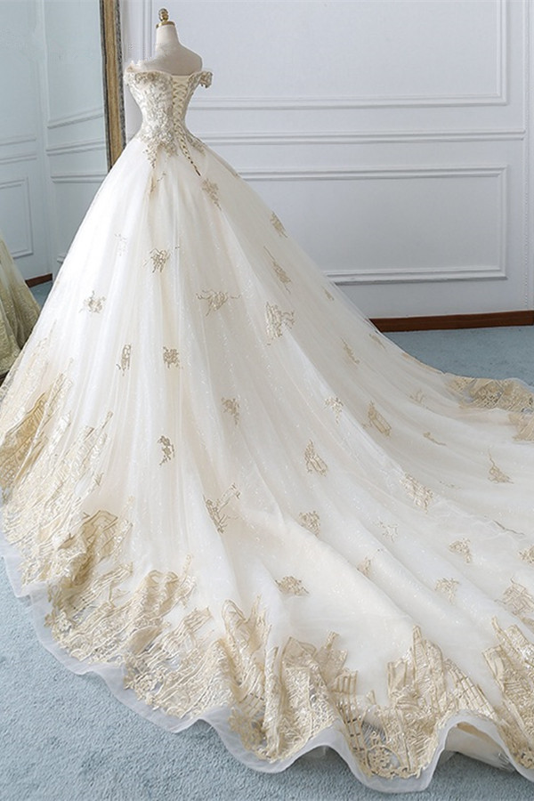 Ball Gown Off-the-shoulder Sweetheart Neck Sleeveless Floor-length Tulle Bridal Dress With Appliques 2