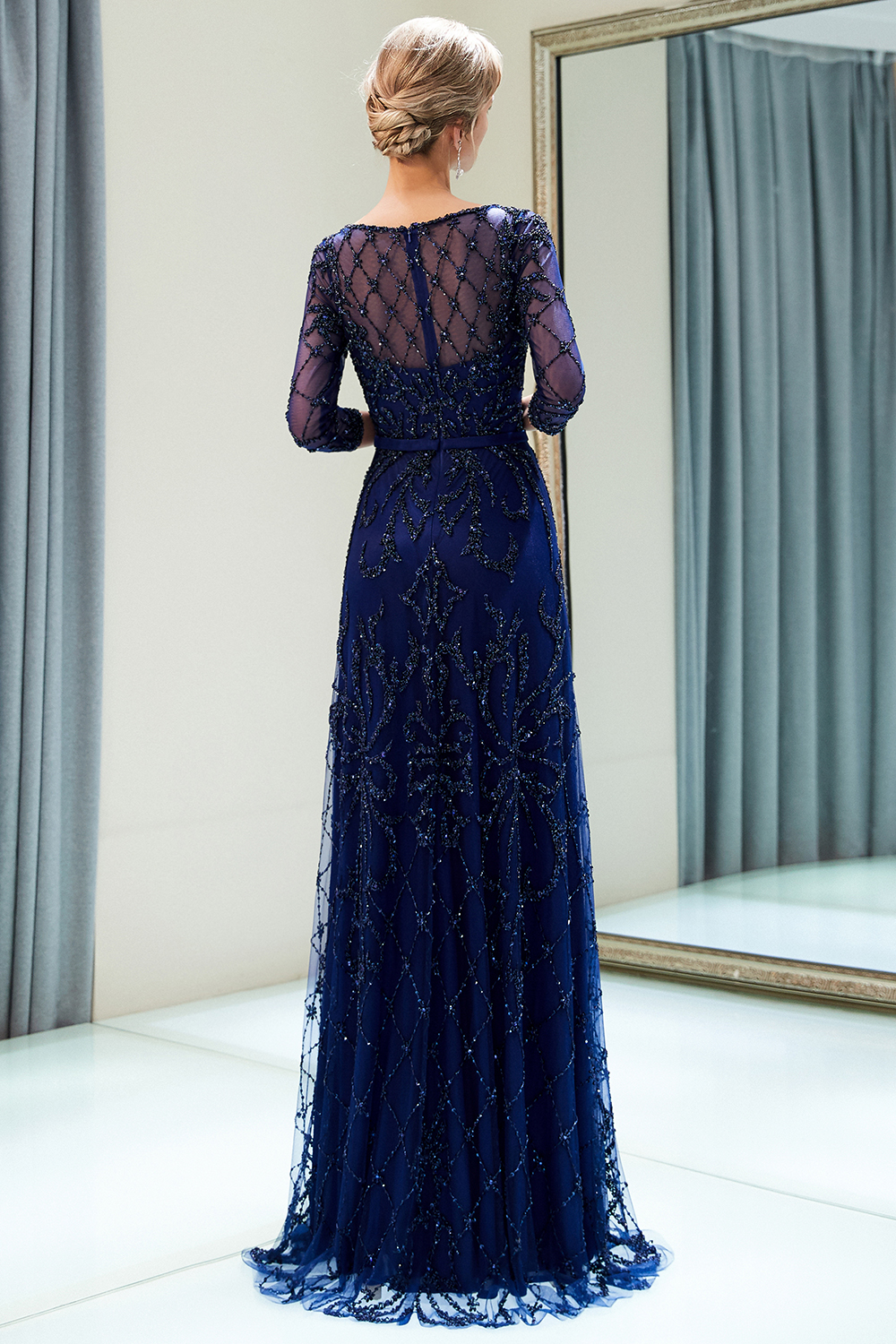A-line Scoop Neck 3/4-Length Sleeves Sweep / Brush Train Tulle Evening Dress With Crystal 5