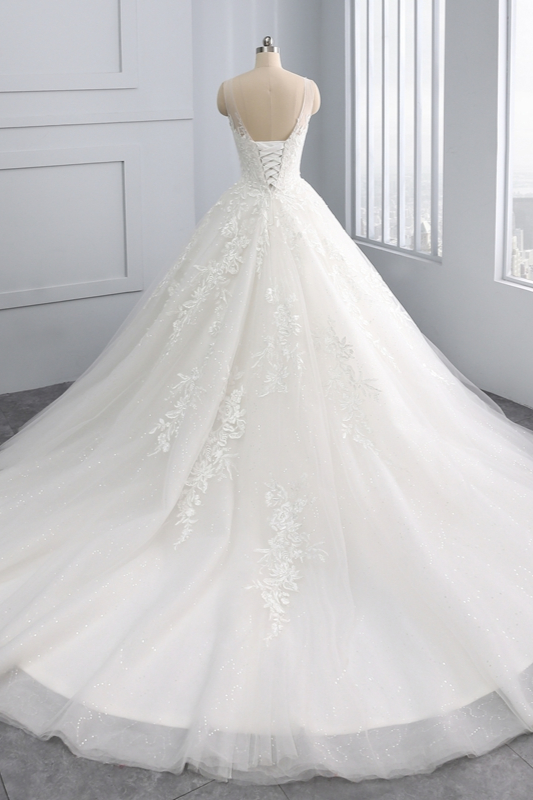 Ball Gown Jewel Neck Sleeveless Floor-length Tulle Bridal Dress With Sequins 2