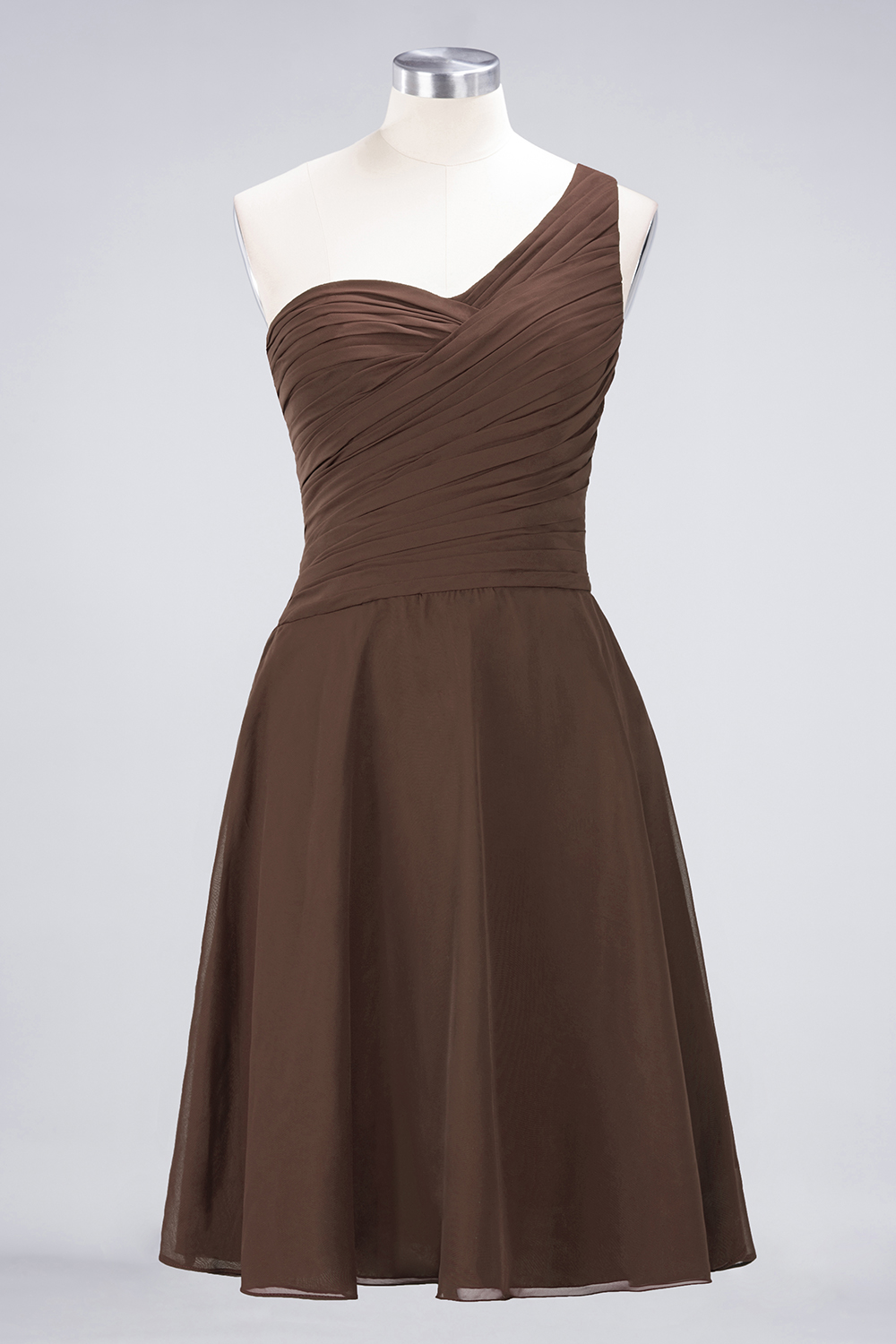 A-line One Shoulder Sweetheart Neck Sleeveless Knee-length 100D Chiffon Bridesmaid Attire With Ruffles 25