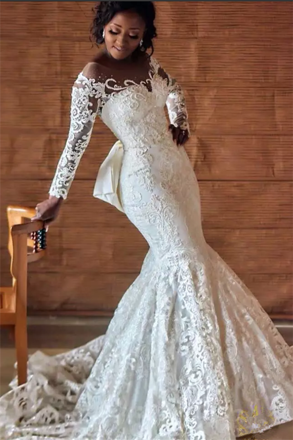 Mermaid Jewel Neck Court Train Wedding Gown With Lace 1