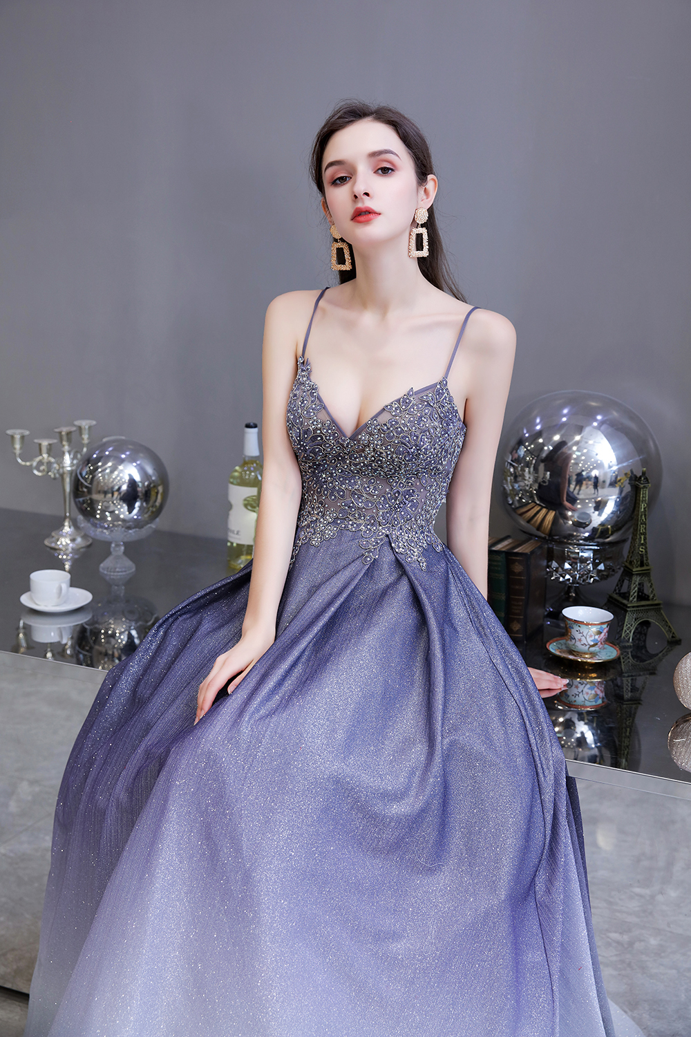 A-line Spaghetti Straps V-neck Sleeveless Sweep / Brush Train Satin Formal Dress With Appliques 8