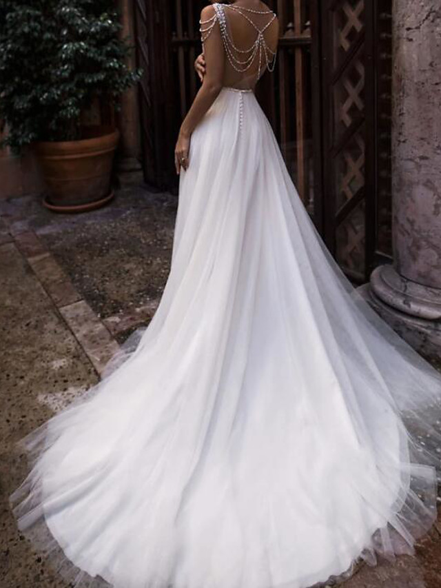 A-line Sleeveless Court Train Tulle Wedding Gown With Buttons 3