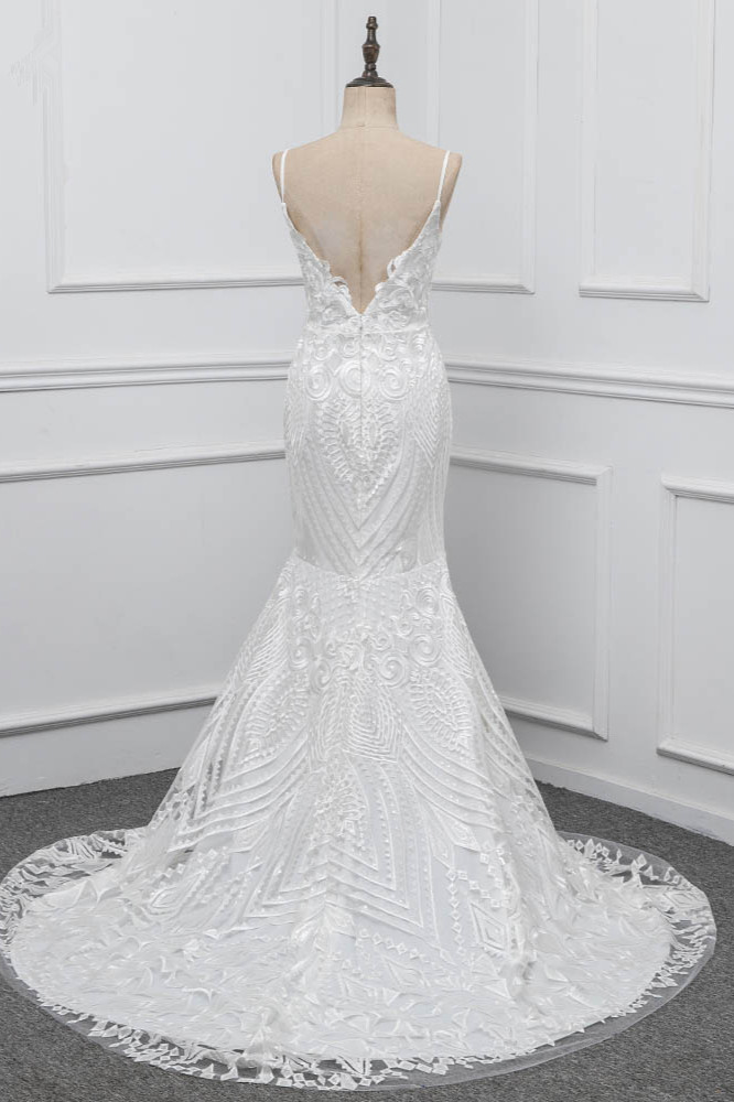 Mermaid Spaghetti Straps V-neck Sleeveless Floor-length Tulle Wedding Dress With Appliques 2