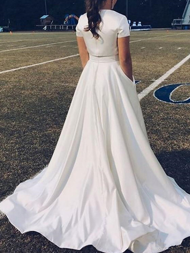 A-line Short Sleeves Tulle Bridal Gown With Sweep / Brush Train 2