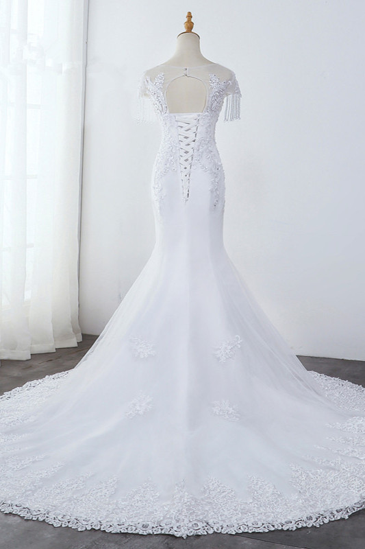 Mermaid Jewel Neck Sleeveless Floor-length Tulle Bridal Gown With Appliques 2