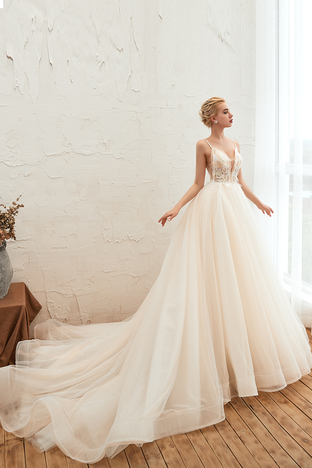A-line Spaghetti Straps V-neck Sleeveless Cathedral Train Tulle Wedding Dress With Beading 12