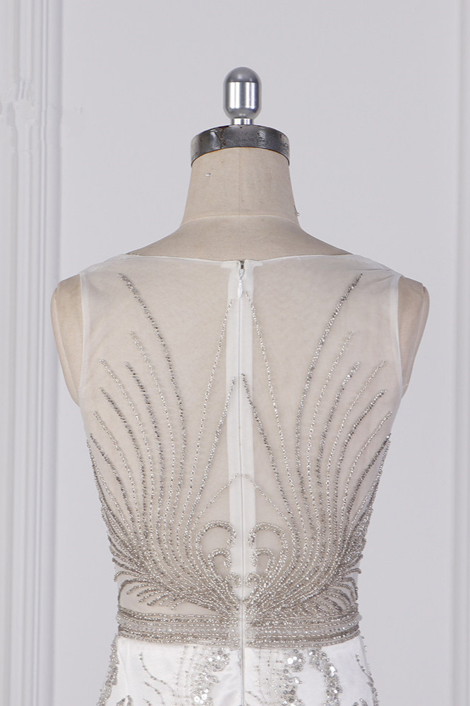 Column V-neck Sleeveless Floor-length Tulle Bridal Attire With Beading 6
