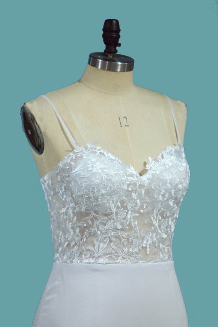 Mermaid Spaghetti Straps Sweetheart Neck Sleeveless Chapel Train Satin Wedding Gown With Appliques 3