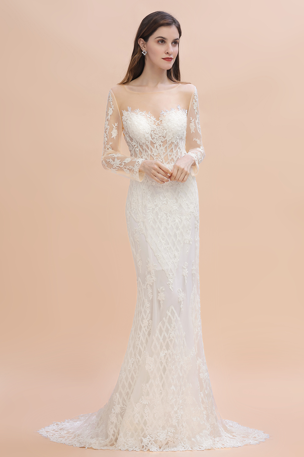 Mermaid Jewel Neck Long Sleeves Chapel Train Tulle Wedding Gown With Lace 7