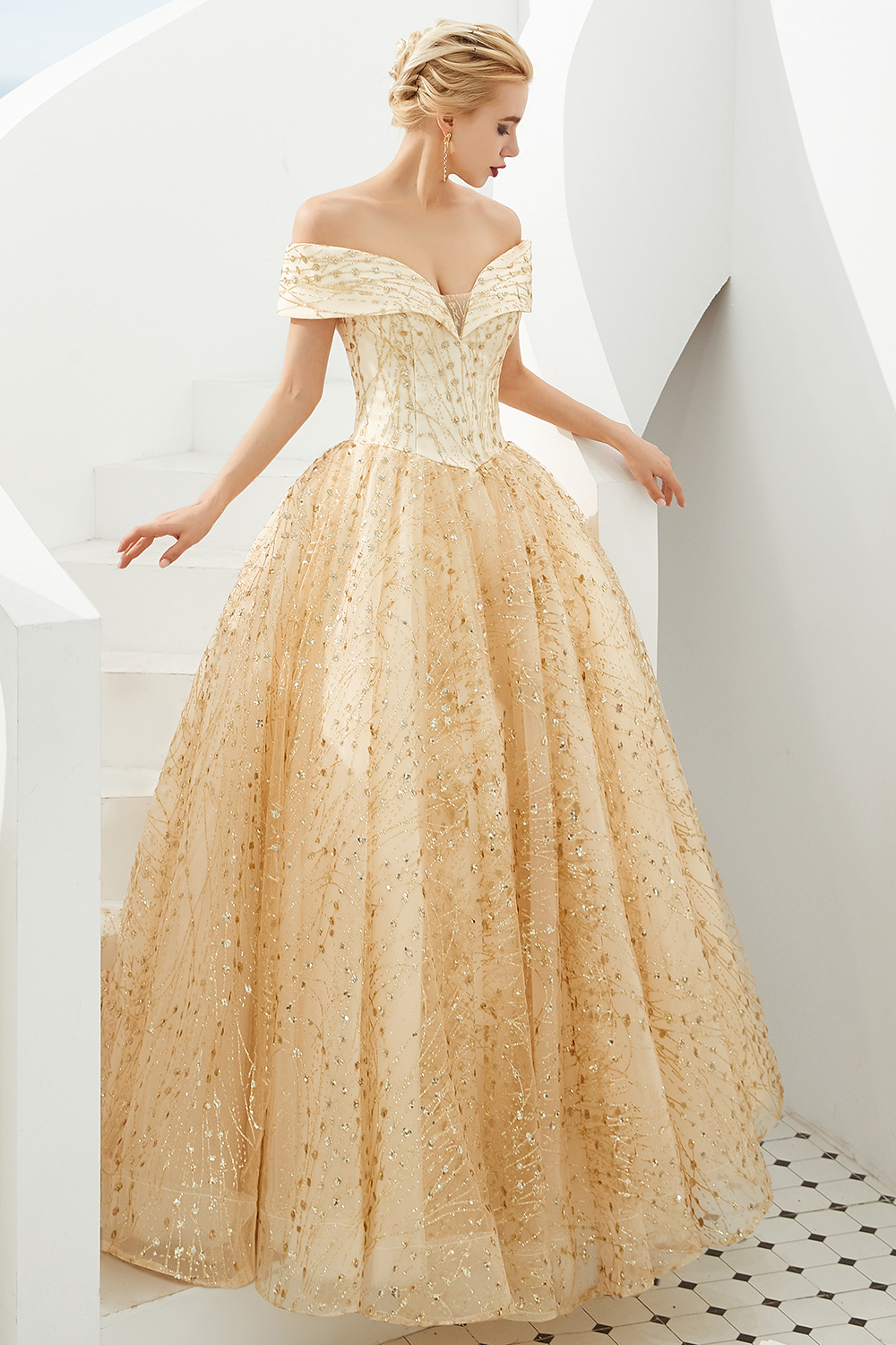 Off-the-shoulder Cap Sleeves Sweep / Brush Train Tulle Formal Wear With Sequins 6