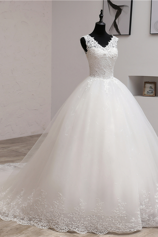V-neck Sleeveless Floor-length Tulle Bridal Dress With Appliques 3