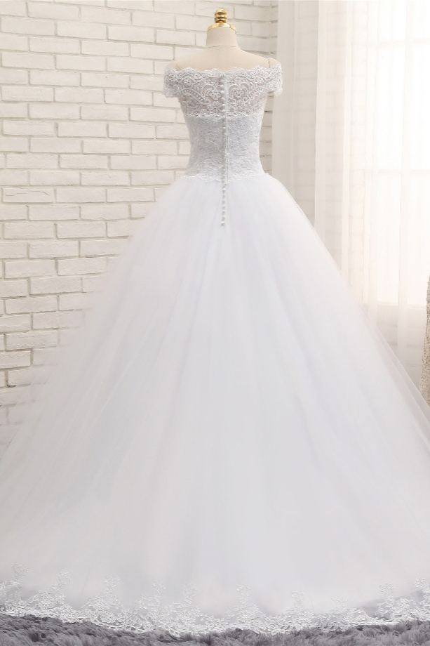 A-line Bateau Neck Sleeveless Floor-length Tulle Wedding Dress With Lace 2