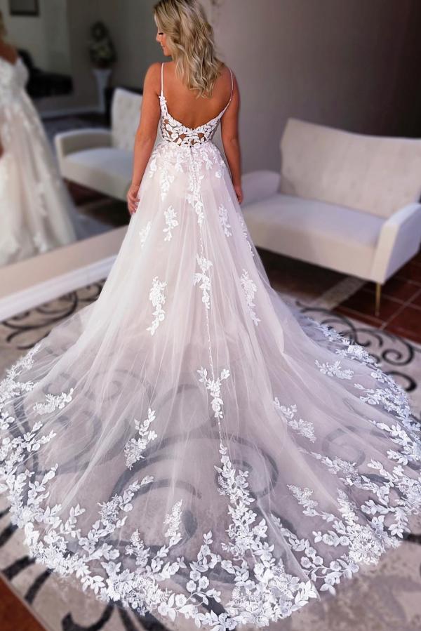 A-line Spaghetti Straps Sleeveless Sweep / Brush Train Lace Bridal Gown With Appliques 2