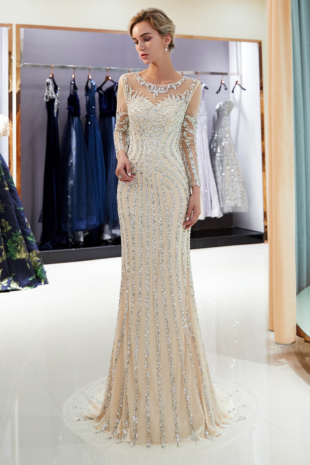 Mermaid Jewel Neck Long Sleeves Court Train Stretch Satin Formal Dress With Sequins 12