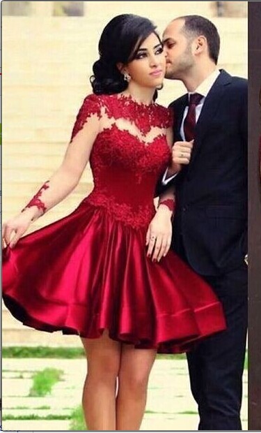 Lace Appliqued Illusion Long Sleeve Satin Short Evening Dress 3