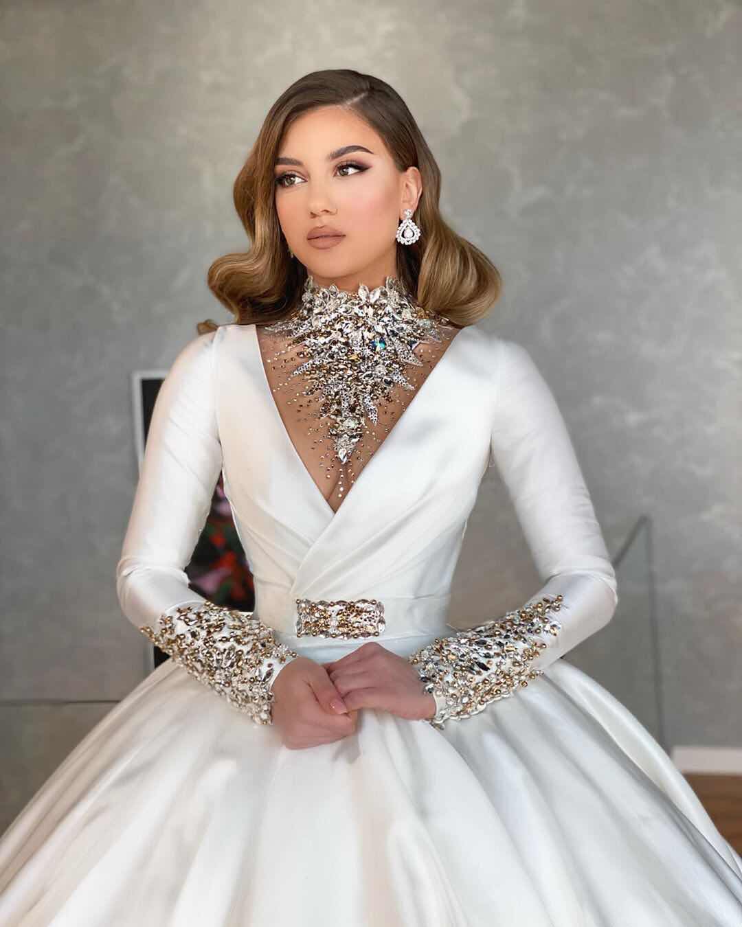 Ball Gown High Neck Court Train Satin Wedding Gown With Crystal 2