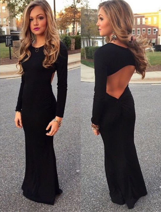 Column Jewel Neck Long Sleeves Floor-length Evening Dress 2