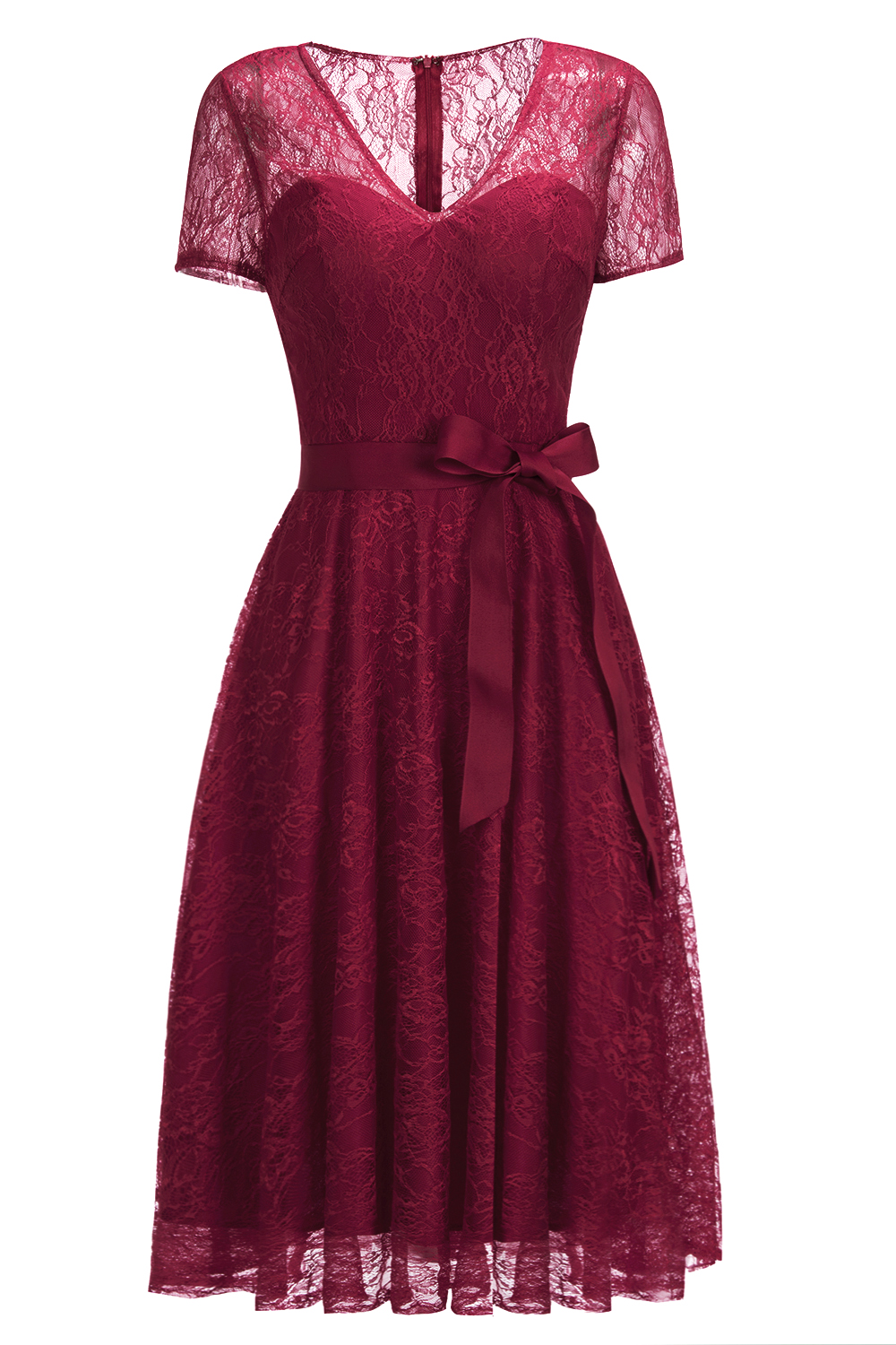 A-line V-neck Short Sleeves Mini Lace Bridesmaid Attire With Ribbons 3