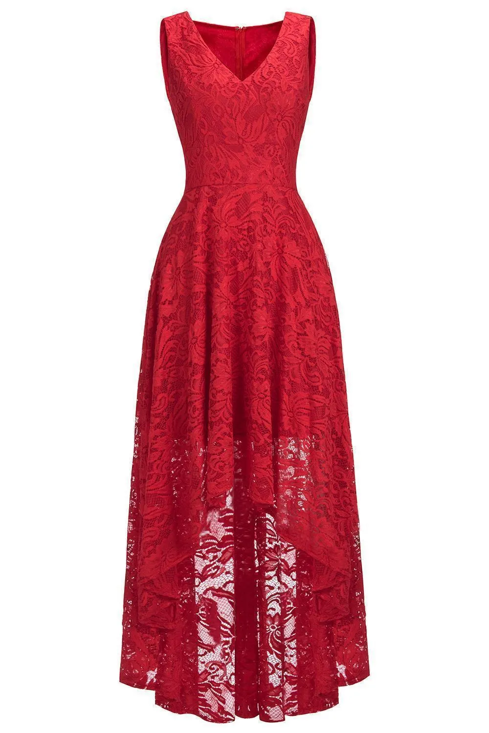 A-line V-neck Sleeveless Hi-Lo Lace Bridesmaid Dress With Ribbons 4