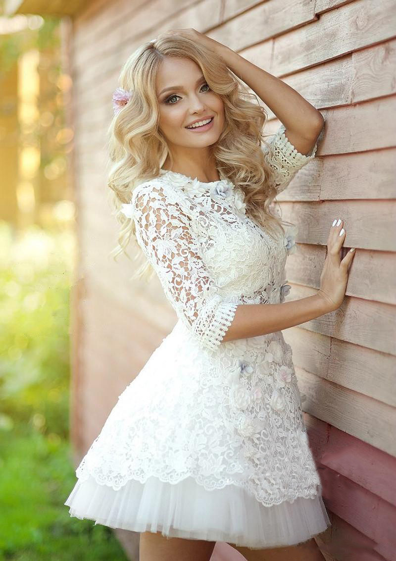 A-line Jewel Neck 3/4-Length Sleeves Mini Wedding Gown With Lace 2