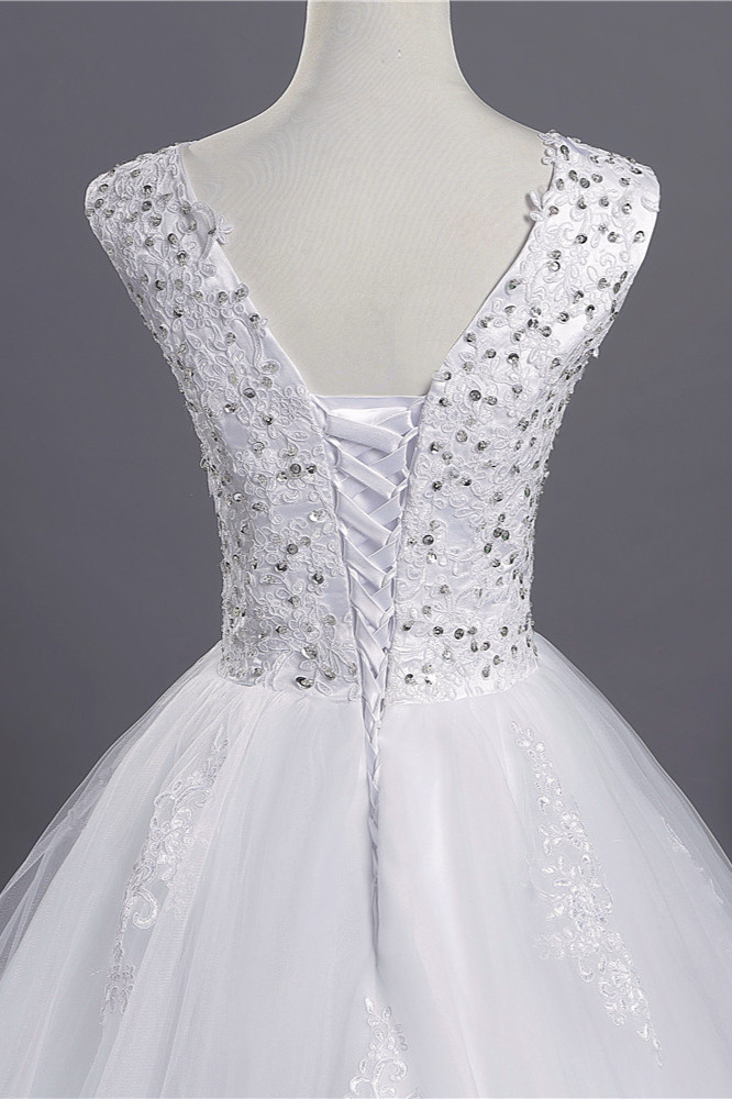 A-line Straps V-neck Sleeveless Floor-length Tulle Wedding Dress With Appliques 3