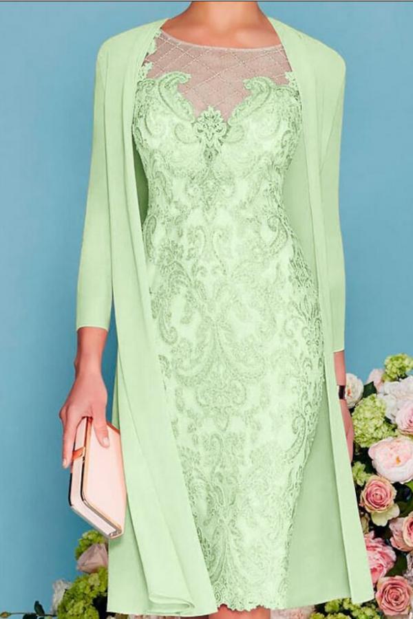 Knee Length Two Piece Sheath / Column Mother of the Bride Dress with Chiffon Lace and 3/4 Length Sleeve 6