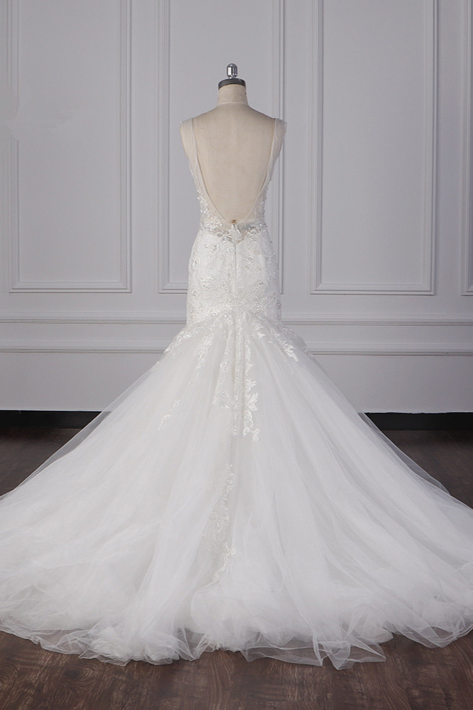 Mermaid Straps V-neck Sleeveless Floor-length Tulle Bridal Dress With Lace 2