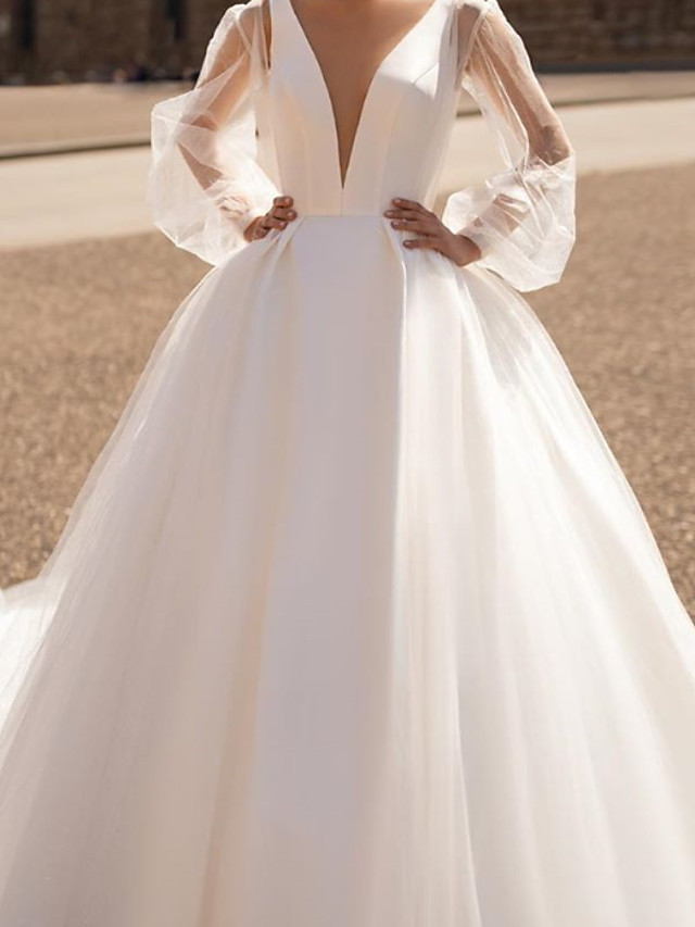 A-line Plunging Neckline Long Sleeves 100D Chiffon Bridal Gown With Court Train 3