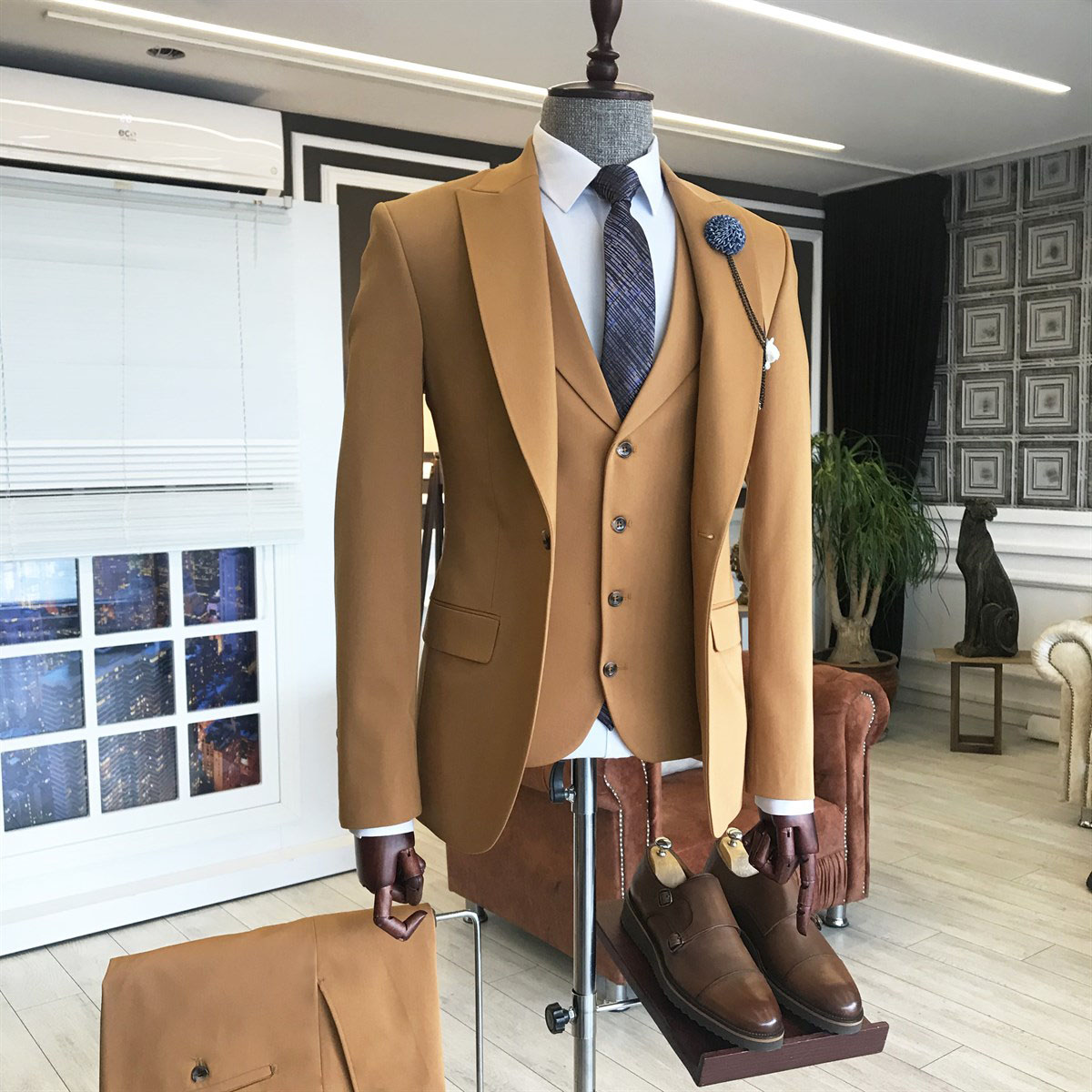 Brown Double Breasted Waistcoat Business Suit 2