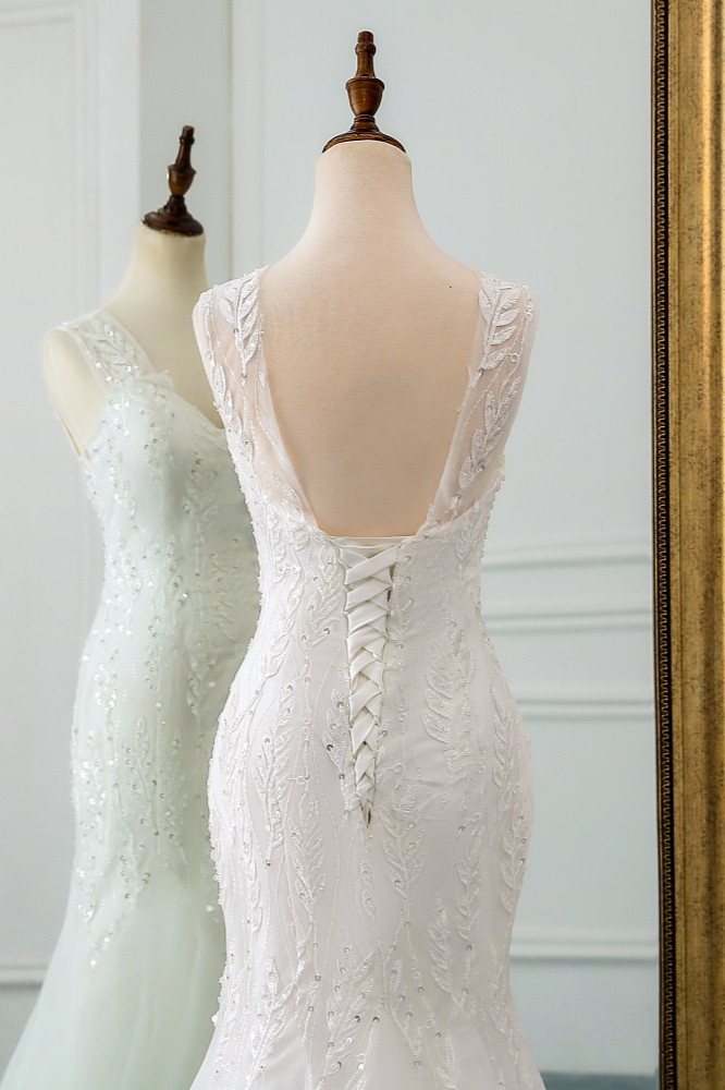 Mermaid V-neck Sleeveless Floor-length Tulle Wedding Gown With Beading 7