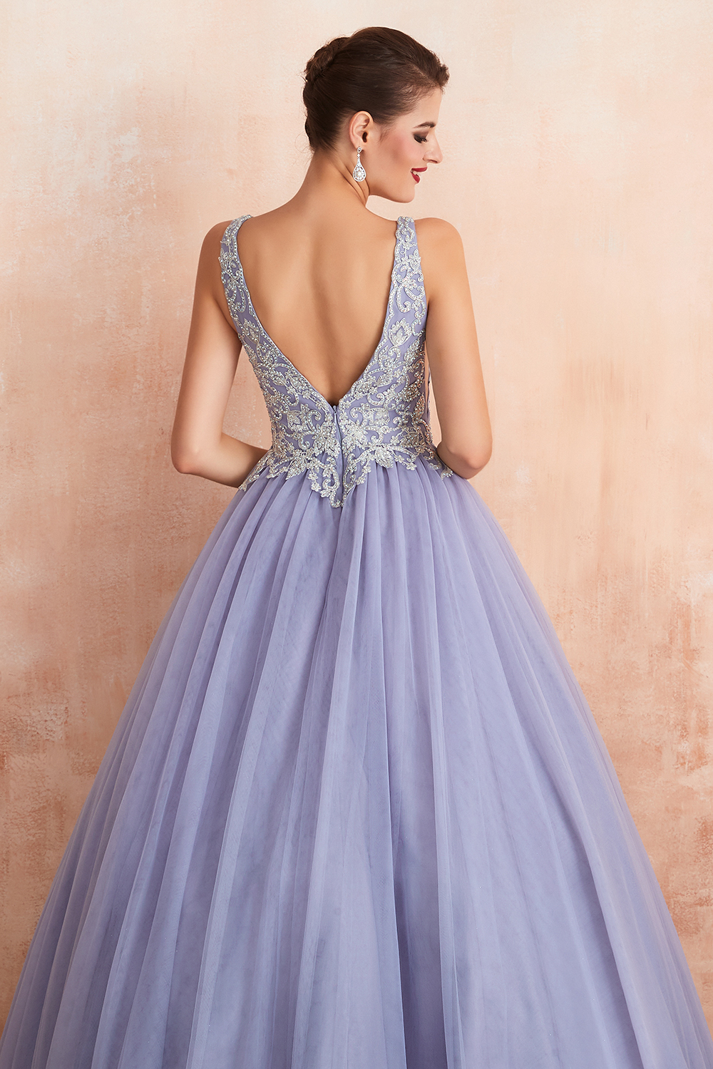 A-line Plunging Neckline Sleeveless Sweep / Brush Train Tulle Formal Wear With Rhinestone 9